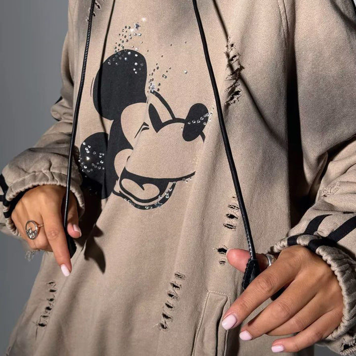 Damen Oversized Kapuzenpullover mit modischen Rissdetails und grafischem Print Drune