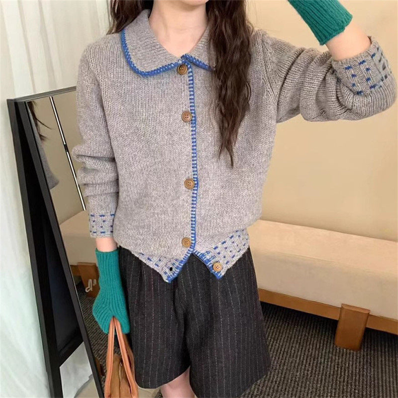 Damen modische Strickjacke mit großen Knopfdetails und kontrastierendem Design Drune