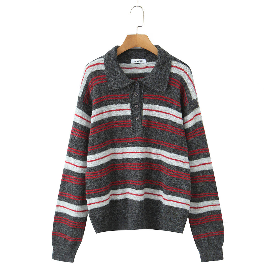 Damen modischer Strickpullover mit Polokragen und Streifenmuster Drune