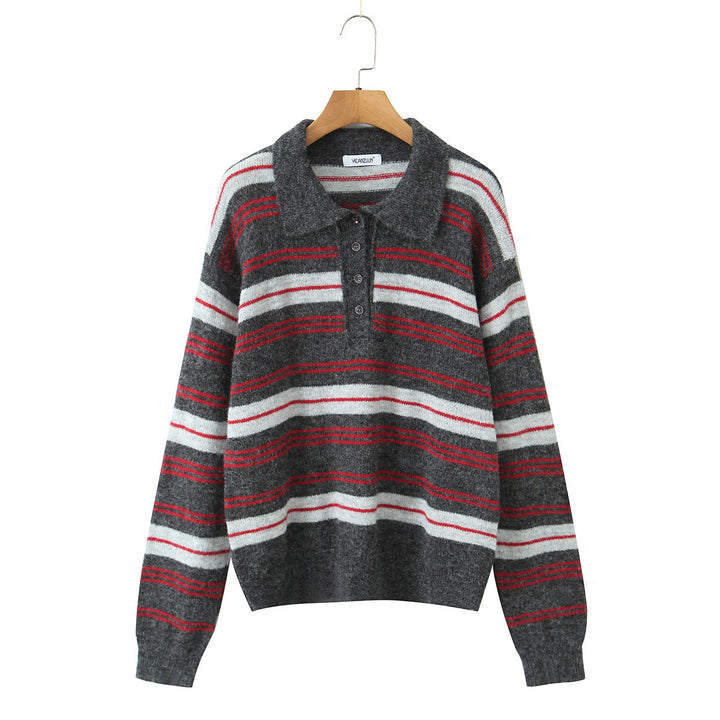 Damen modischer Strickpullover mit Polokragen und Streifenmuster Drune