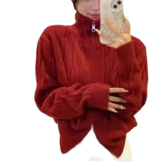 Damen Modischer Grobstrickpullover mit hohem Kragen Drune