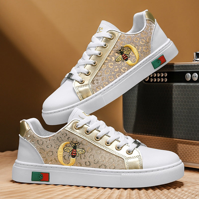 Damen verzierte Low-Top Sneaker mit Bienen-Stickerei und goldener Animal-Print-Optik Drune