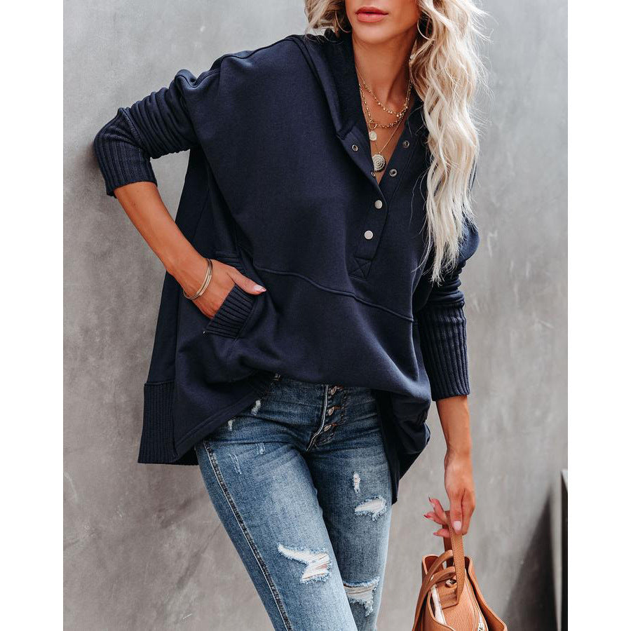 Damen Oversized Kapuzenpullover mit Knopfleiste und seitlichen Eingrifftaschen Drune