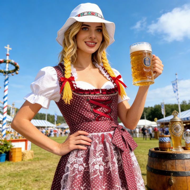Damen nan traditionelles Dirndlkleid mit geschnürter Miederfront, Rüschenbluse und Spitzenapplikation Drune