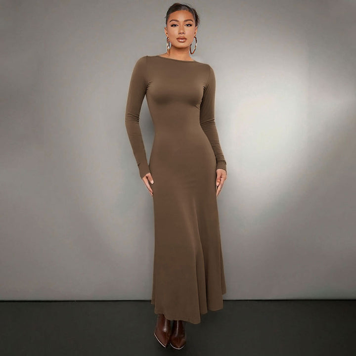 Damen Langarm Midikleid mit elegantem Rundhalsausschnitt und schwingendem Saum Drune