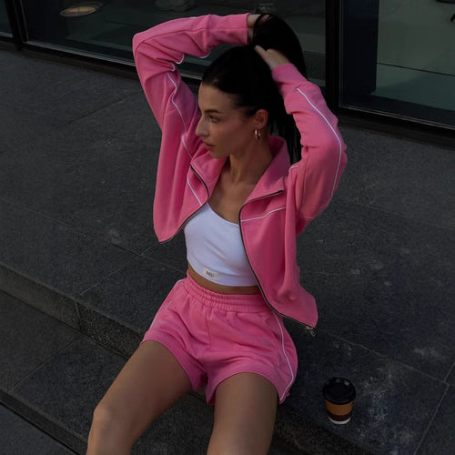 Damen nan athletischer Zweiteiler mit formendem Sportbustier, taillierter Highwaist-Sweatshorts und Zip-Hoodie Drune