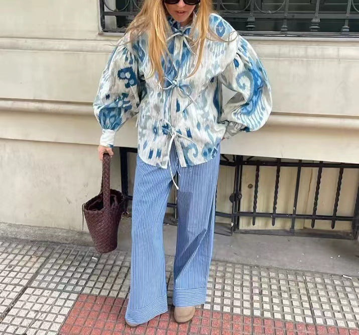 Damen Modische halbärmelige Bluse mit voluminösen Ärmeln Drune