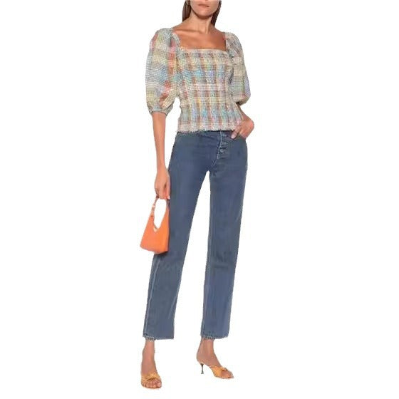 Damen Puffärmel Bluse mit kariertem Design Drune