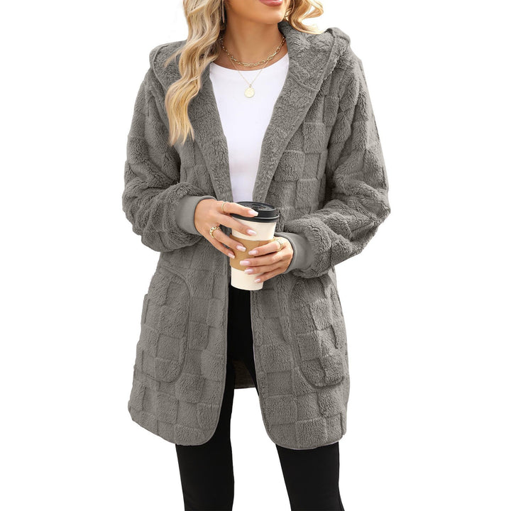 Damen nan kuschelige Kapuzen-Longjacke aus Teddyfleece mit aufgesetzten Taschen und strukturierter Karooptik Drune