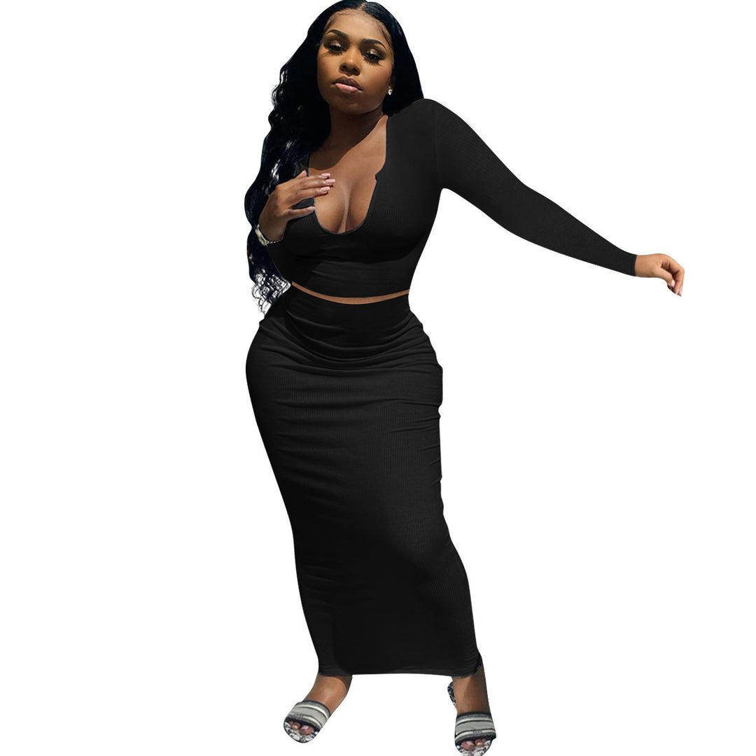 Damen Figurbetontes Maxikleid mit langem Arm und tiefem V-Ausschnitt Drune