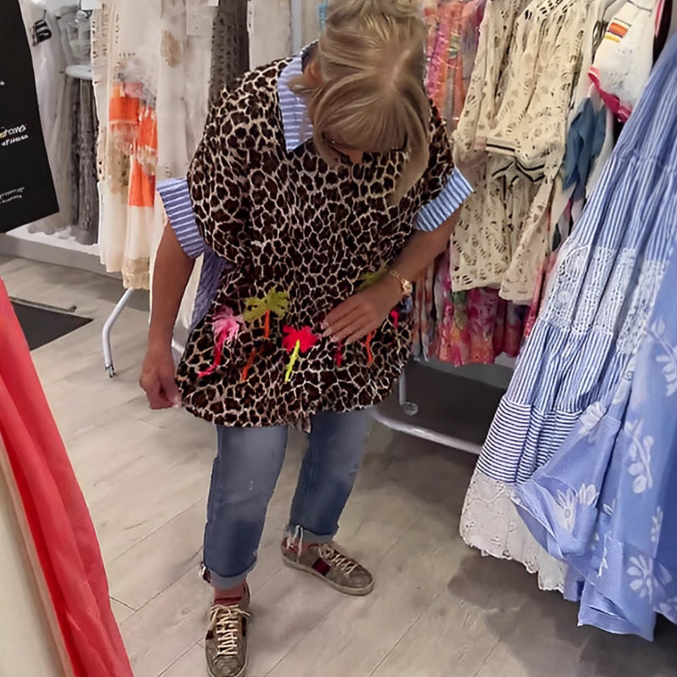 Damen nan weit geschnittene Poncho-Tunika mit Leoprint und dekorativen Flamingo-Applikationen Drune