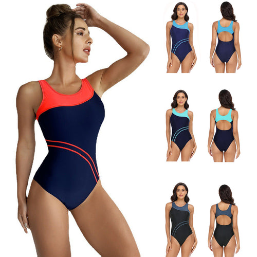 Damen Sportlicher Einteiler Badeanzug mit modischem Farbkontrast Drune