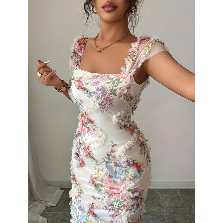 Damen Midikleid mit floralem Muster und zarter Rüschendetails Drune