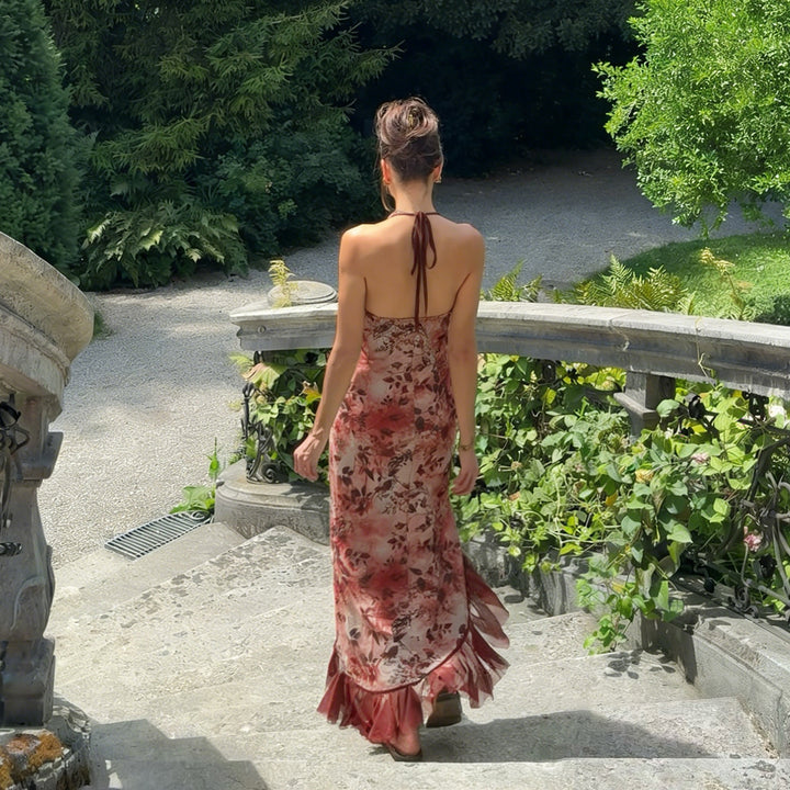 Damen asymmetrisches Floral-Maxikleid mit zartem Rüschensaum und verführerischem Schnitt Drune