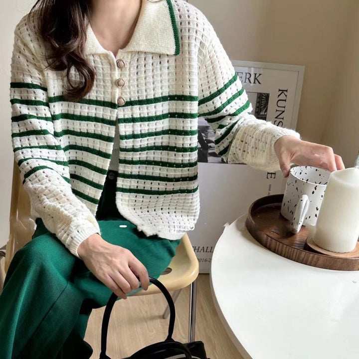 Damen modische Strickjacke mit dekorativen Knöpfen und Streifenmuster Drune