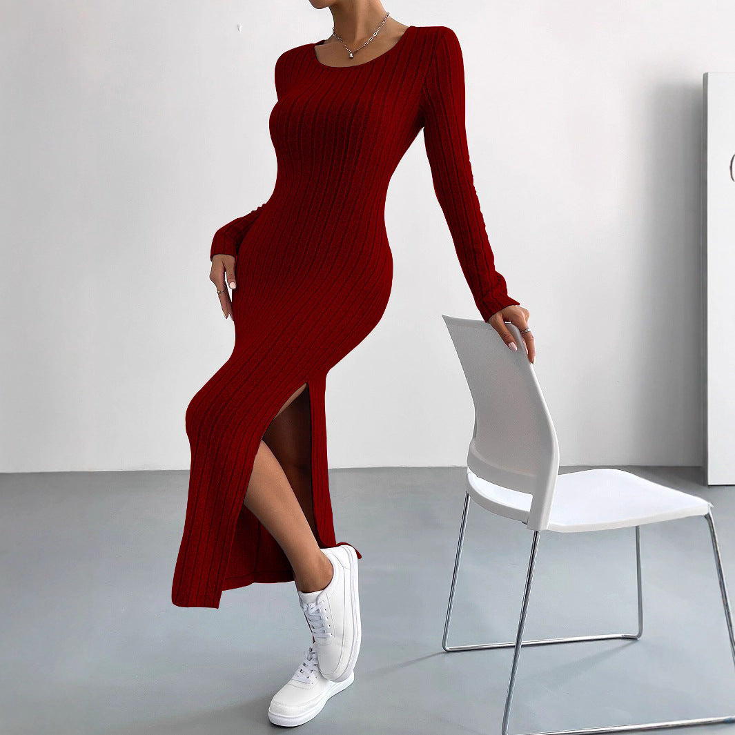 Damen Strickmaxikleid mit langen Ärmeln und seitlichem Schlitz Drune
