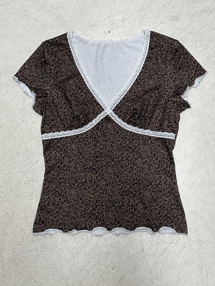 Damen T-Shirt mit elegantem Leopardenmuster und feiner Spitzendetail Drune