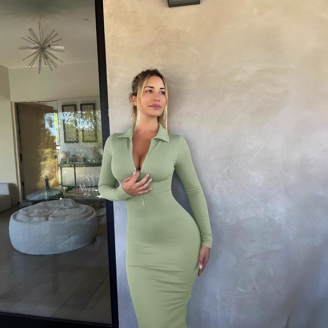 Damen Elegantes Langarmkleid mit Kragen und körpernahem Schnitt Drune