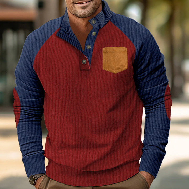 Herren nan strukturierter Halbknopf-Strickpullover im Cord-Look mit Raglanärmeln, aufgesetzter Brusttasche und Ellenbogenpatches Drune