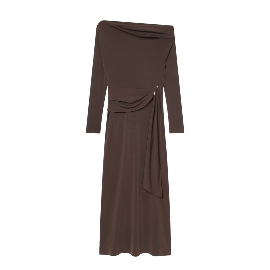 Damen elegantes Maxikleid mit asymmetrischem Ausschnitt und dekorativer Drapierung Drune