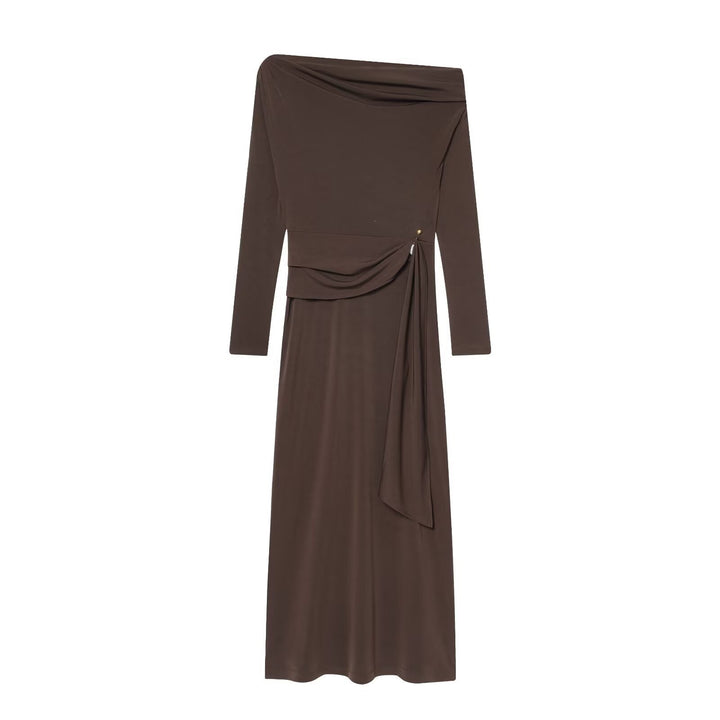 Damen elegantes Maxikleid mit asymmetrischem Ausschnitt und dekorativer Drapierung Drune