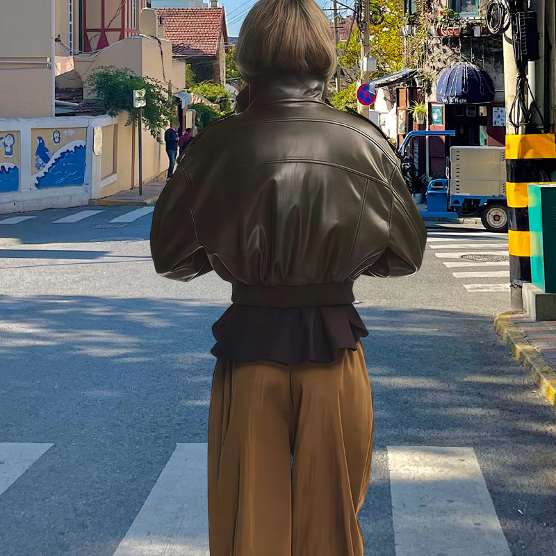 Damen ausgefallene Lederjacke mit voluminösen Ärmeln Drune