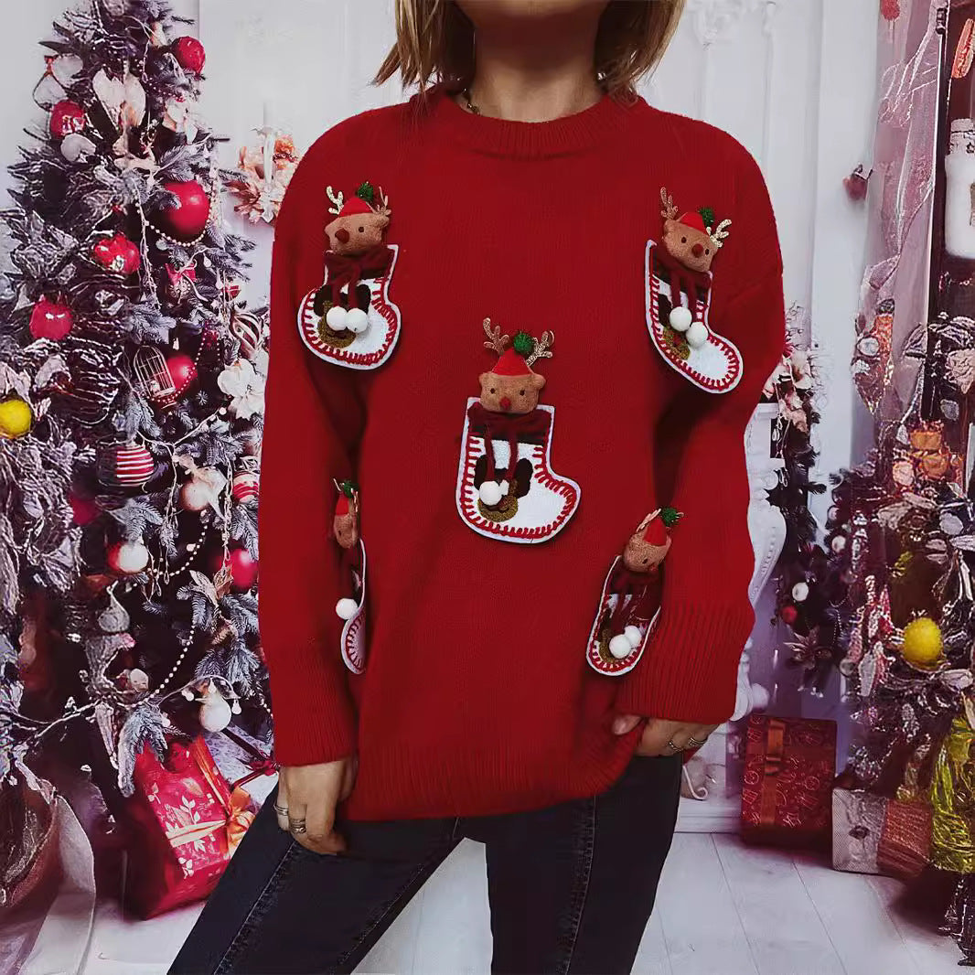 Damen Weihnachts-Strickpullover mit festlichem Rentier-Motiv und 3D-Details Drune