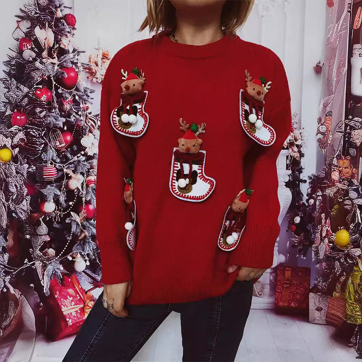 Damen Weihnachts-Strickpullover mit festlichem Rentier-Motiv und 3D-Details Drune