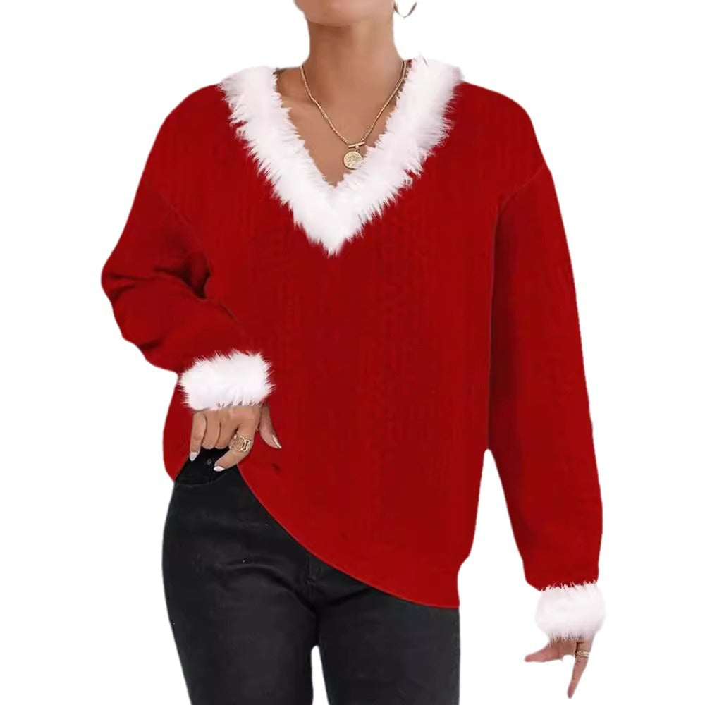 Damen Strickpullover mit V-Ausschnitt und kontrastierendem Pelzbesatz Drune
