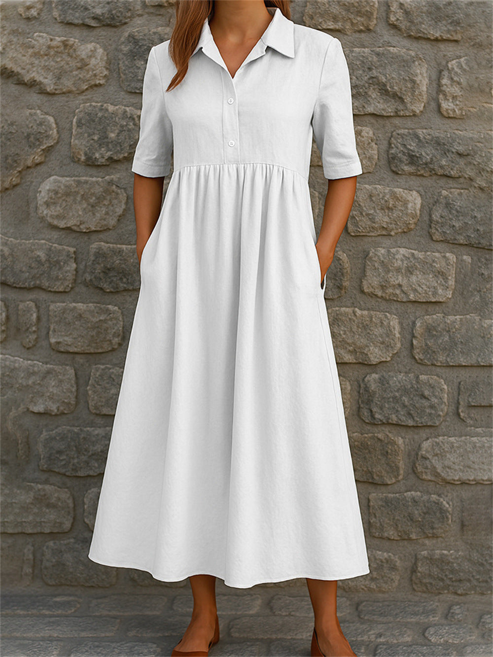 Damen legeres Midi-Kleid mit Knopfleiste und Taschen Drune