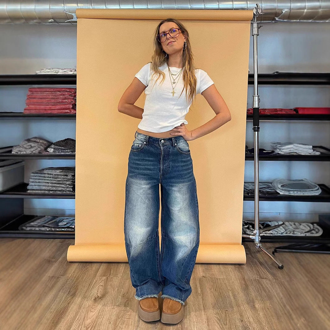 Damen nan weite Baggy-Jeans mit tiefer Schrittnaht, markanten Knieabnähern und verstärktem Five‑Pocket‑Schnitt Drune