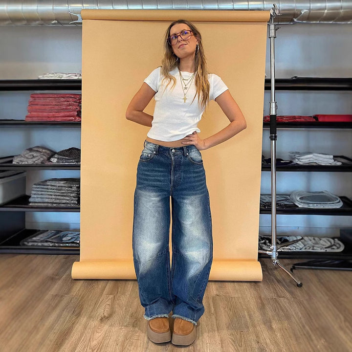 Damen modische weite Jeans mit einzigartigem Schnitt und hohem Bund Drune