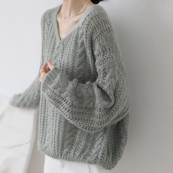 Damen Grobstrickpullover mit V-Ausschnitt und luftiger Struktur Drune