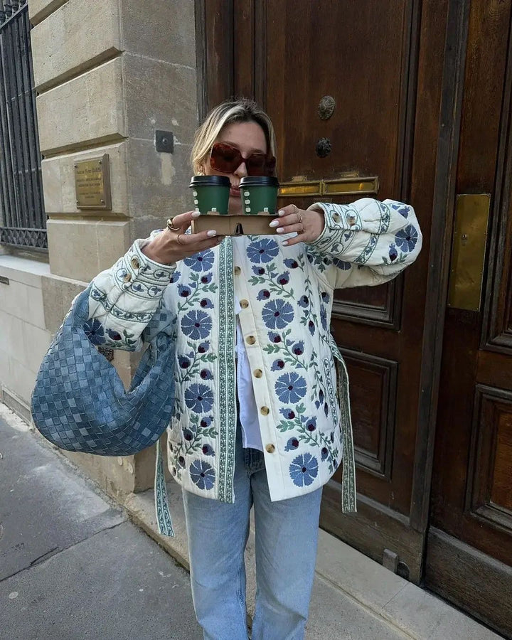 Damen gesteppte Jacke mit floralem Design und Knopfverschluss Drune