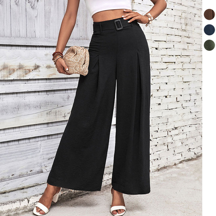 Damen weite Hochbundhose mit eleganten Falten und modischem Taillengürtel Drune