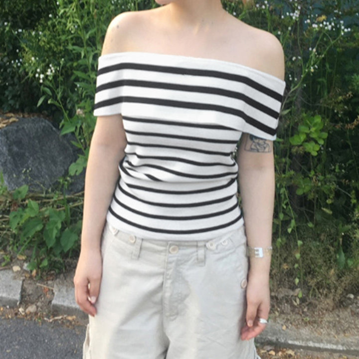 Damen Off-Shoulder Oberteil mit gestreiftem Design und breitem Kragen Drune