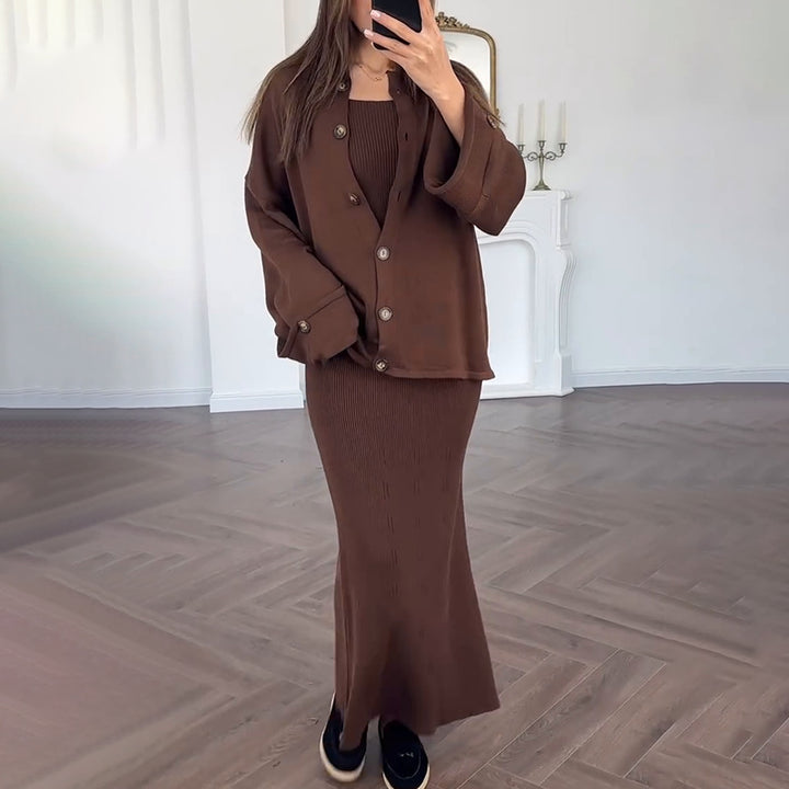 Damen elegantes Strickkleid mit passender Cardigan-Überwurf Drune