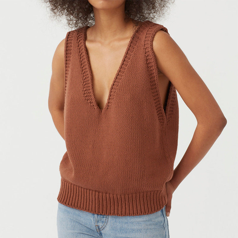 Damen stylischer Stricktop mit tiefem V-Ausschnitt und breiten Trägern Drune