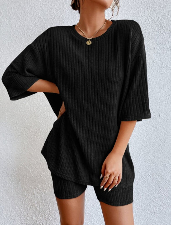 Damen komfortables Kurzarm Set mit Rippstrick und relaxed Schnitt Drune