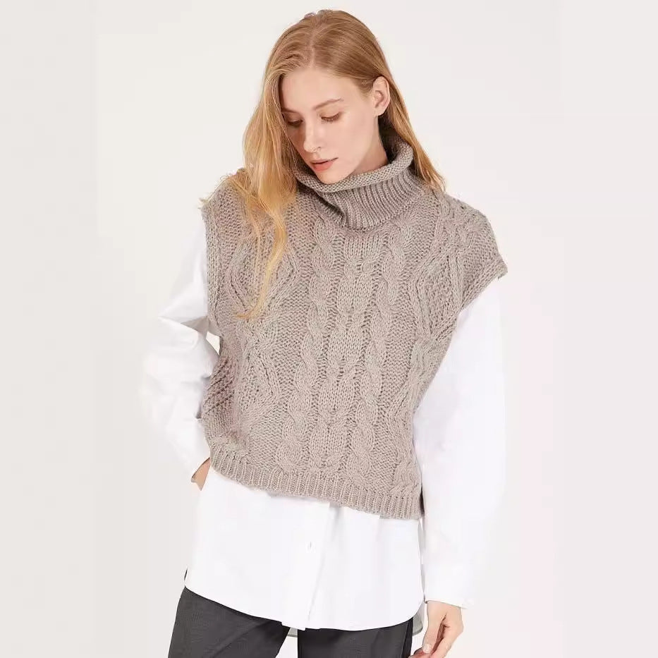 Damen modischer Strickpullover mit hohem Kragen und Zopfmuster Drune
