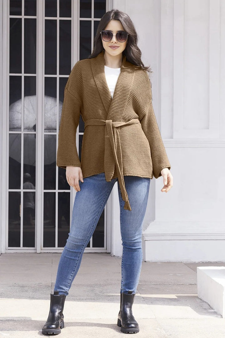Damen Strickjacke mit modernem Wickeldesign und praktischen Bindegürtel Drune
