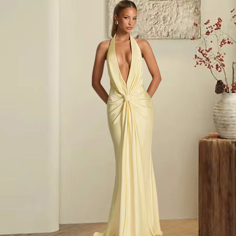 Damen Elegantes Maxi-Kleid mit tiefem V-Ausschnitt und verführerischem Wickeldetail Drune