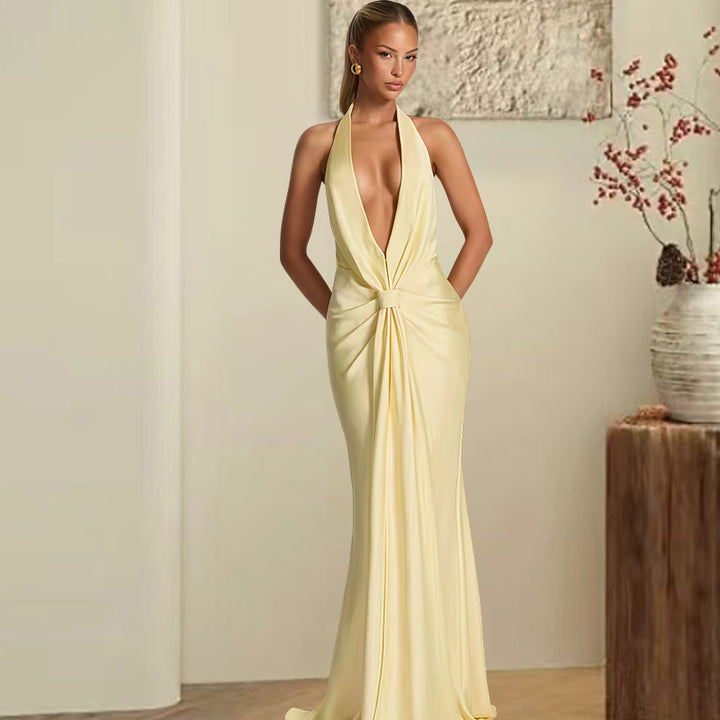 Damen Elegantes Maxi-Kleid mit tiefem V-Ausschnitt und verführerischem Wickeldetail Drune
