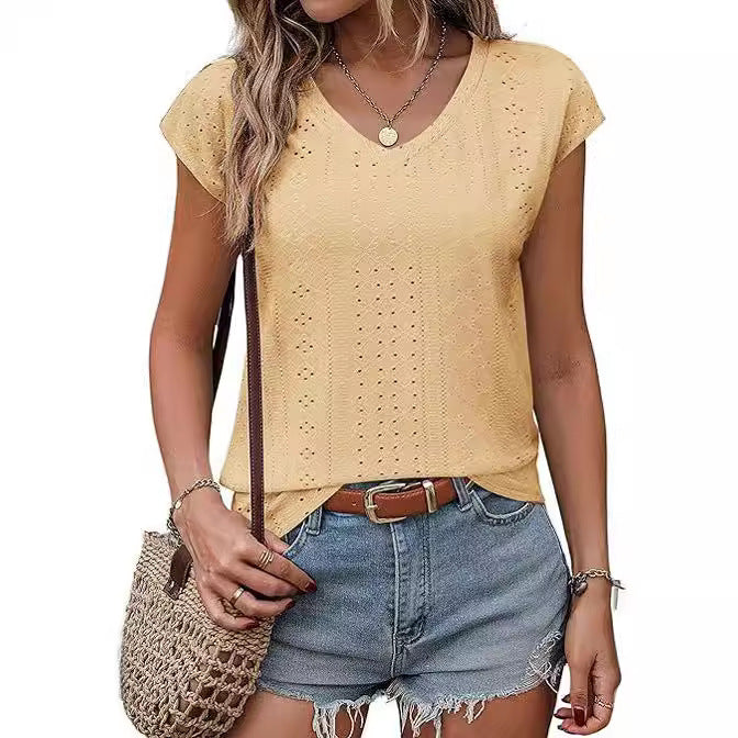 Damen V-Ausschnitt Kurzarmshirt mit strukturiertem Design Drune
