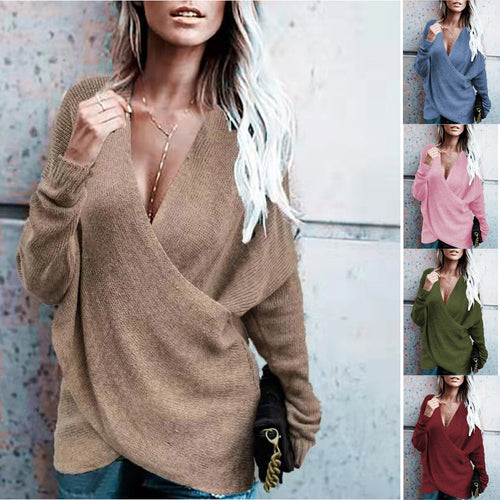 Damen Eleganter Wickelpullover mit weichem Strick und tiefem V-Ausschnitt Drune