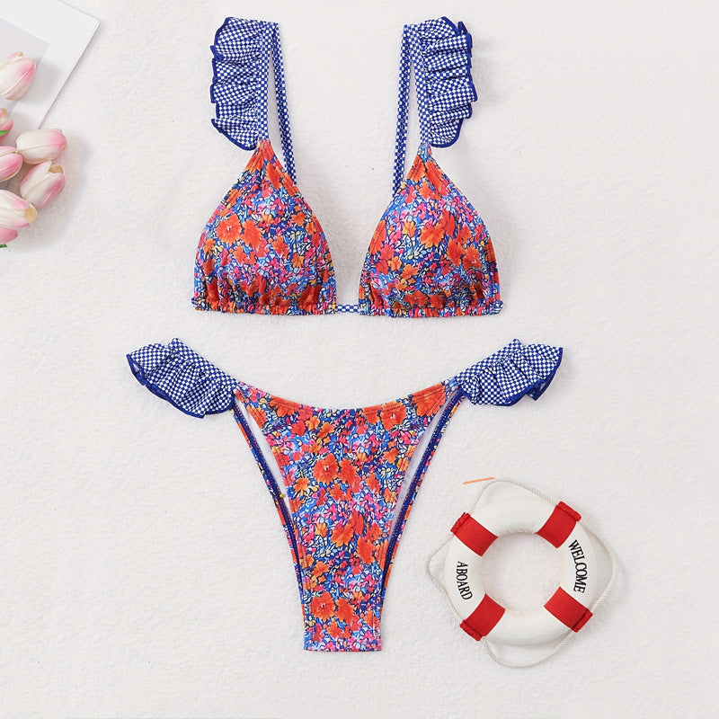 Damen Triangel-Bikini mit verspielten Rüschendetails und floralem Muster Drune