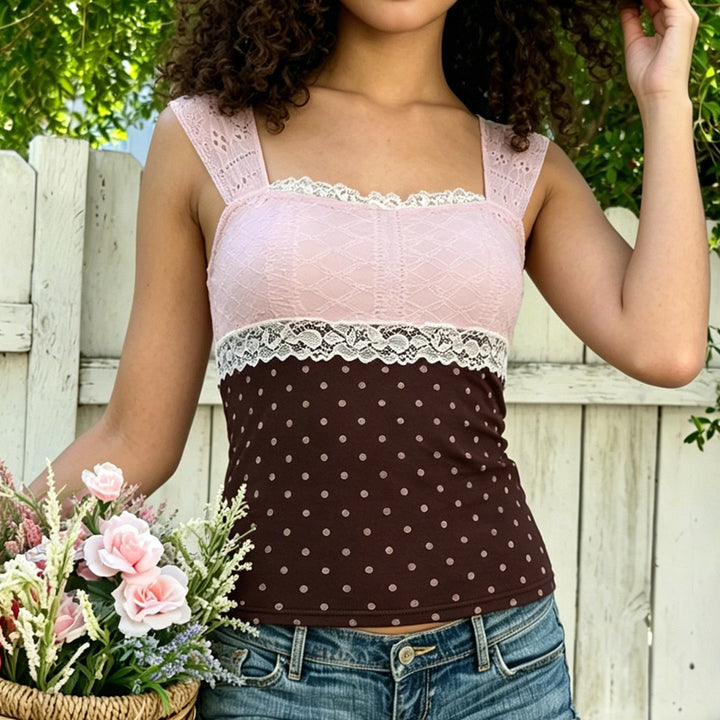 Damen Wunderschönes Oberteil mit Spitze und Punkte-Design Drune