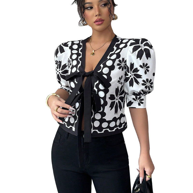 Damen Bluse mit floralem Druck und Schleifenbindung Drune