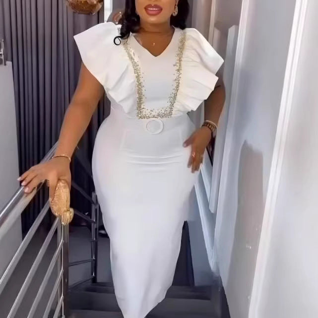 Damen Elegantes Maxikleid mit dekorativen Rüschen und schimmerndem Gürtel Drune
