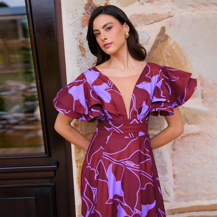Damen Maxi-Kleid mit voluminösen Puffärmeln und elegantem Schlitz Drune